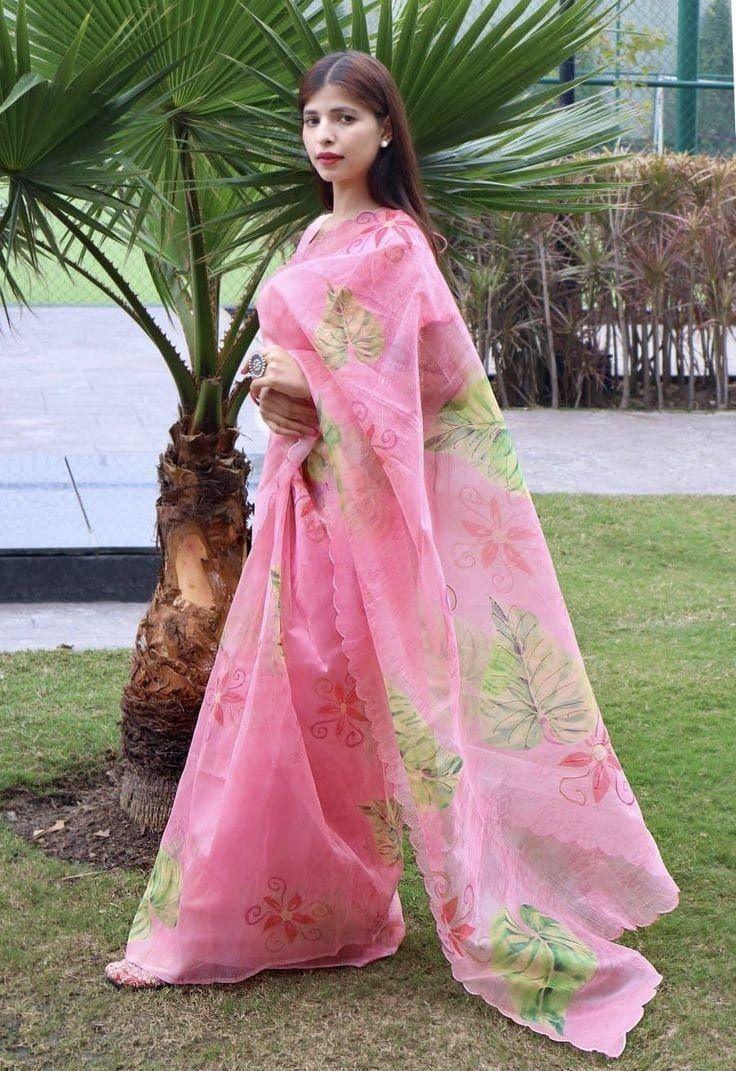 Blush Pink Tropical Floral Organza Silk Saree with Scalloped Border - Baranashe - Blush Pink Tropical Floral Organza Silk Saree with Scalloped Border