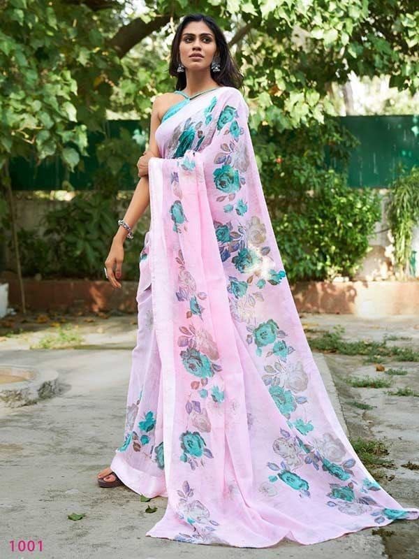 Pastel Pink Organza Silk Saree with Digital Floral Print & Banglori Satin Silk Blouse