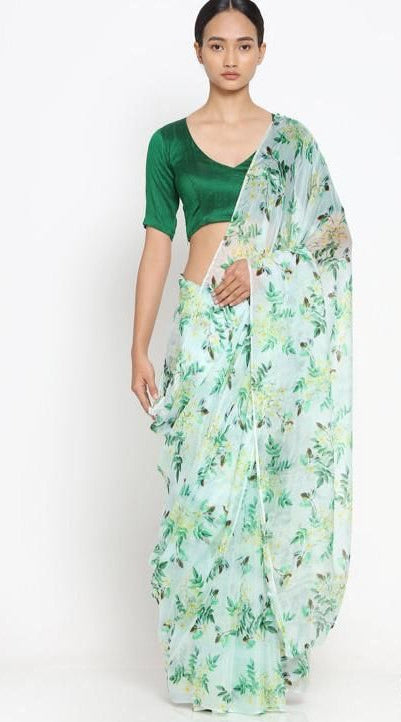 Mint Meadow Organza Silk Saree with Rich Digital Floral Print