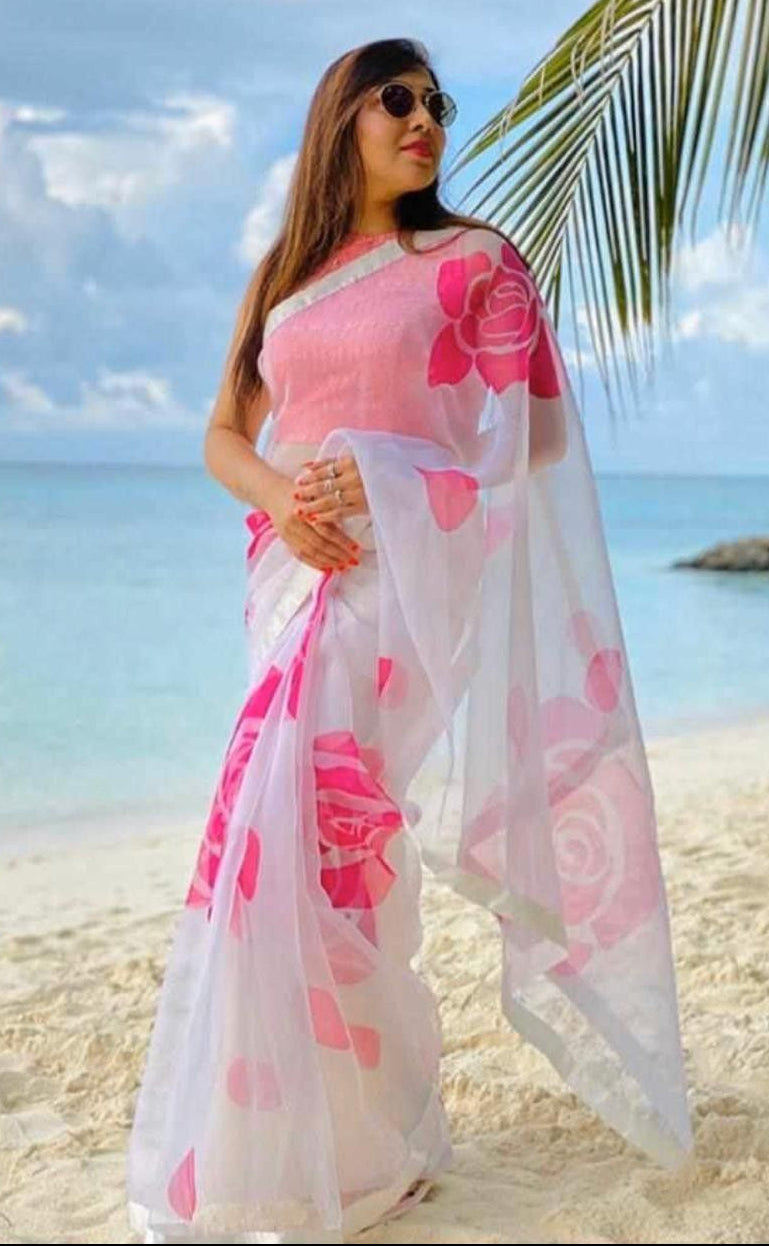 White Pink Floral Digital Print Organza Silk Saree