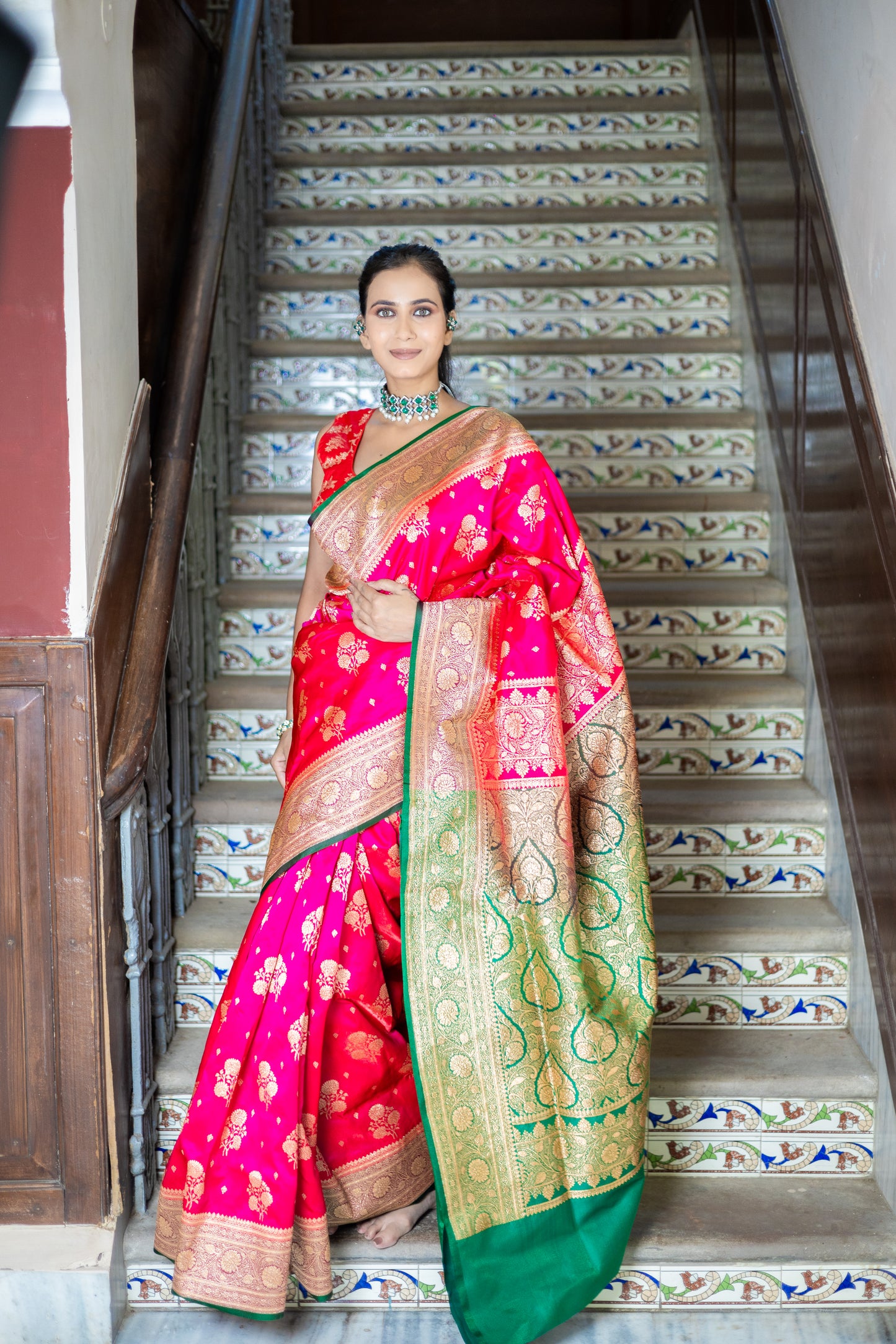 Motiya Pink Banarasi with green border Pearl Pink