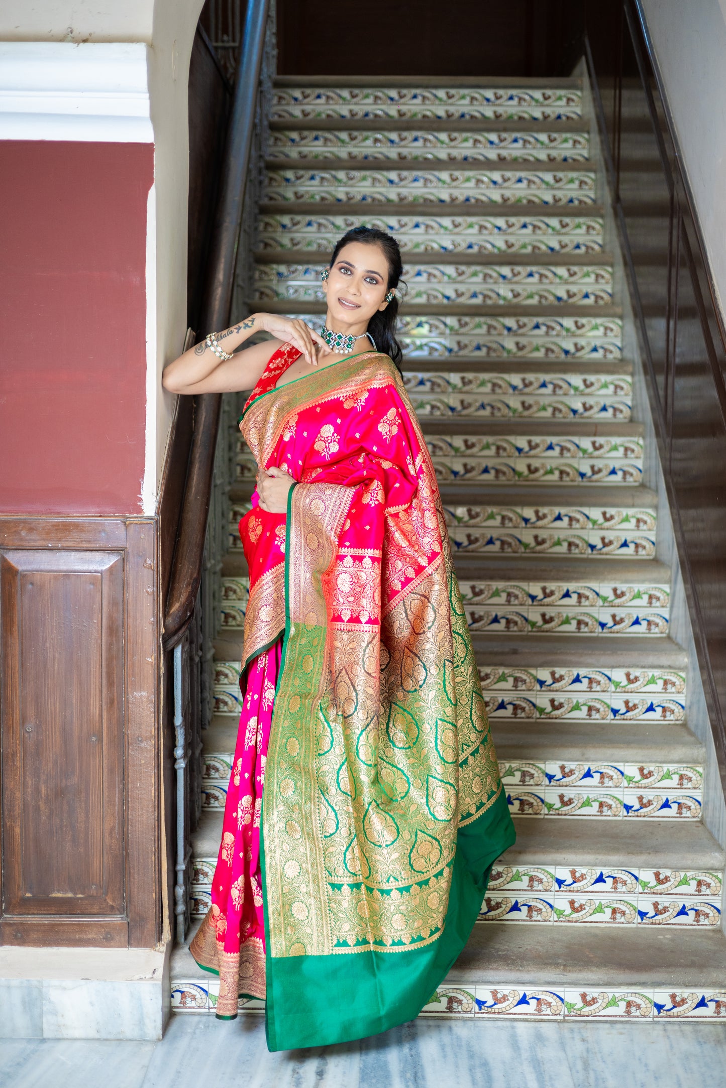 Motiya Pink Banarasi with green border Pearl Pink