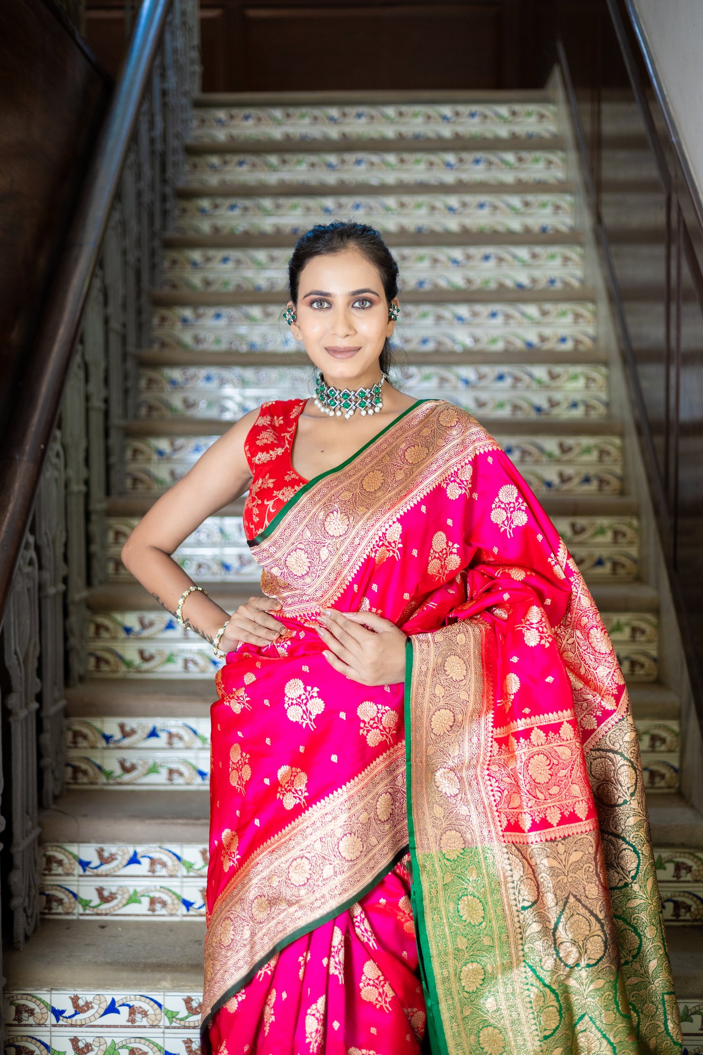Motiya Pink Banarasi with green border Pearl Pink
