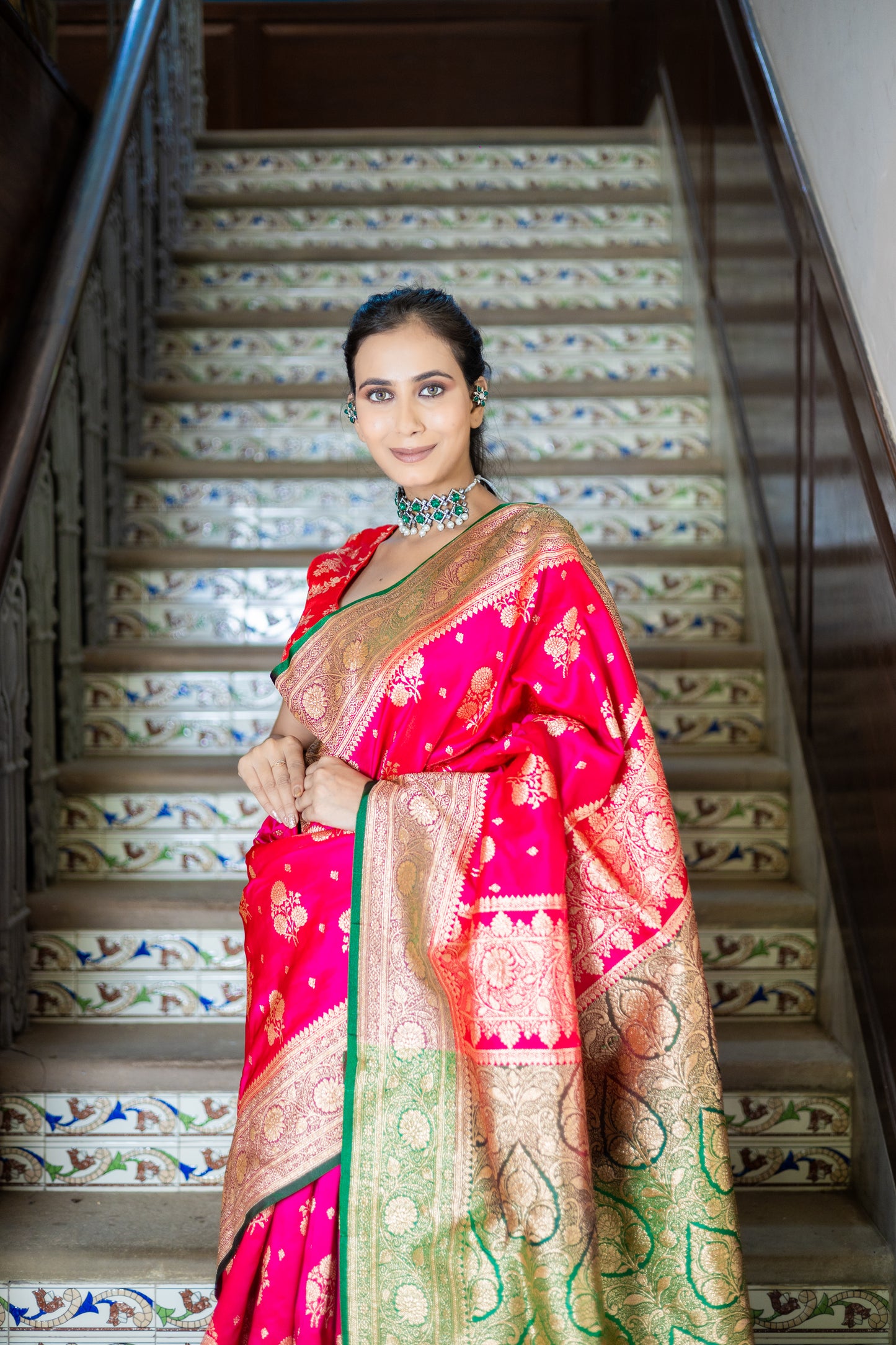 Motiya Pink Banarasi with green border Pearl Pink
