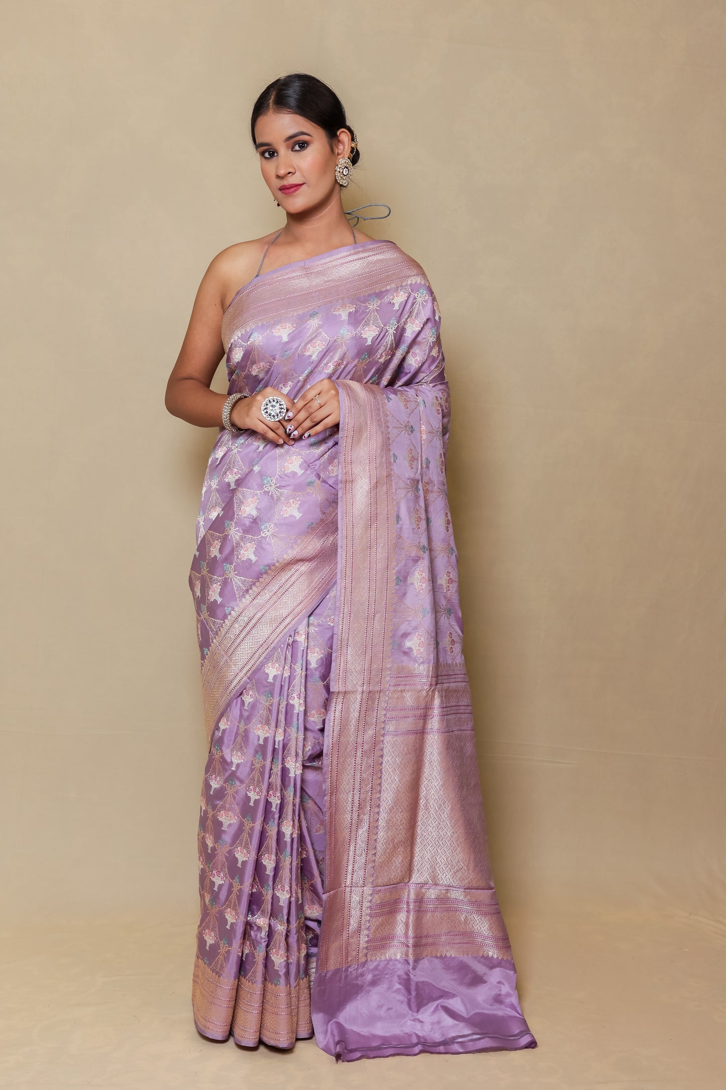 Pearl Lavender Zari Floral Jaal Silk Saree