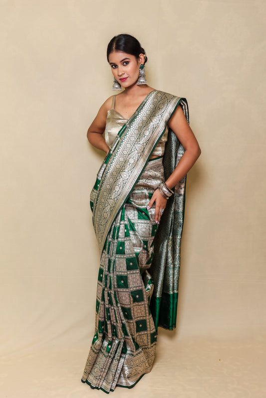 Kanchipuram Banarasi Silk Saree Bottle Green