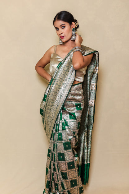 Kanchipuram Banarasi Silk Saree Bottle Green