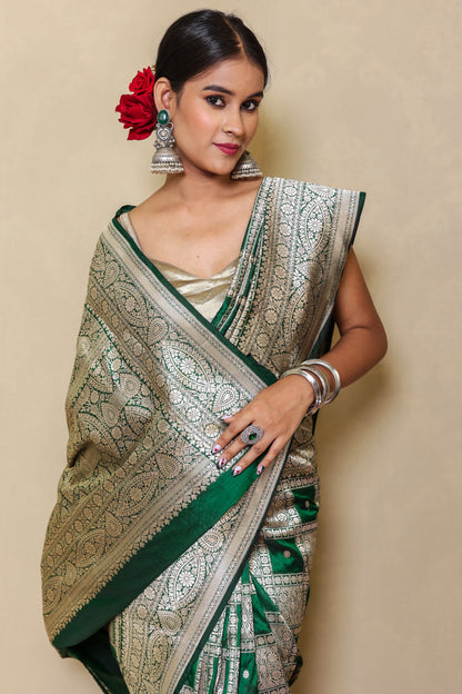Kanchipuram Banarasi Silk Saree Bottle Green