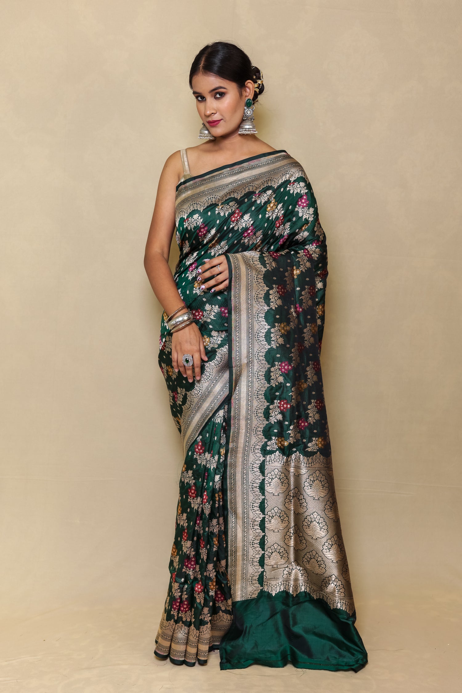 Dark Green Handloom Meenakari Border Banarasi Saree