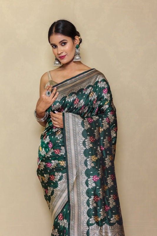 Dark Green Handloom Meenakari Border Banarasi Saree