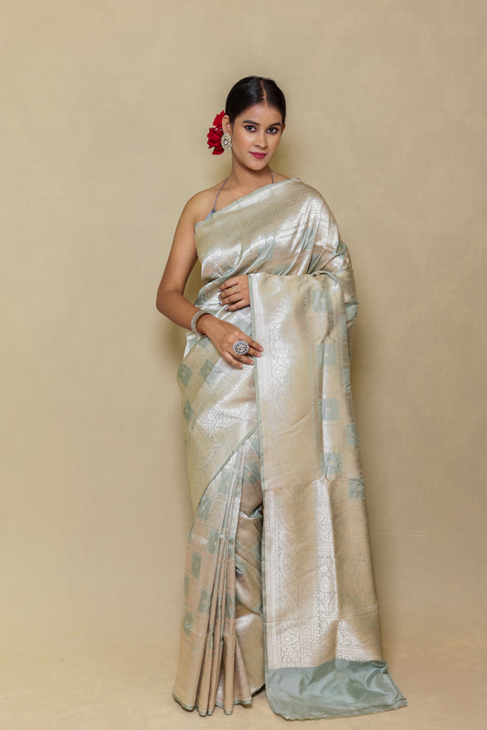 Cream with Grey Pure Katan Silk Edition Banarasi Saree