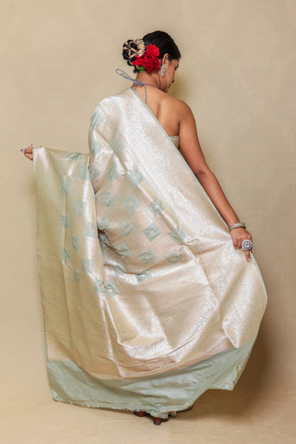 Cream with Grey Pure Katan Silk Edition Banarasi Saree