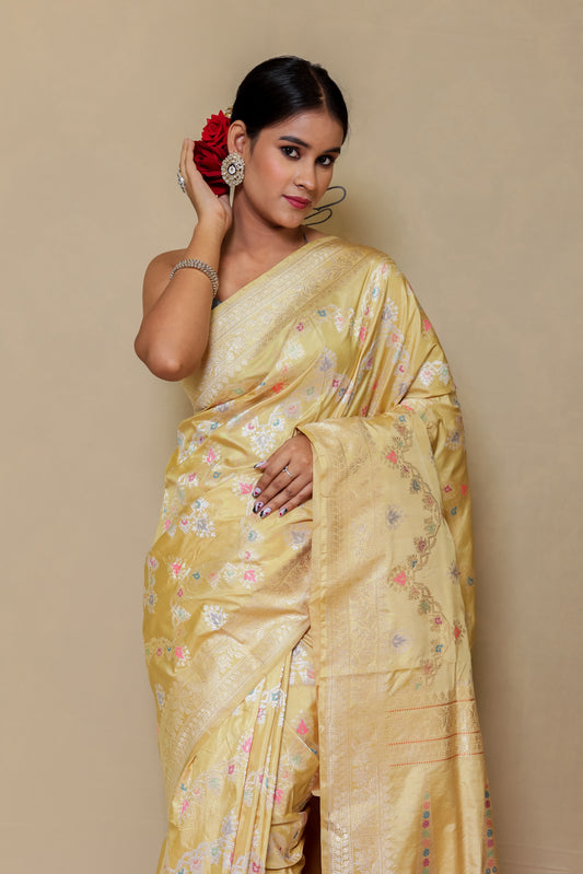 Banarasi Meenakari Jali Design - Cream Golden Mina Flower Saree