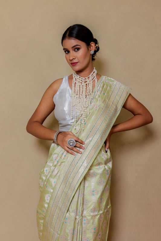 Cream Tissue Border Booty Pure Handloom Banarasi Saree