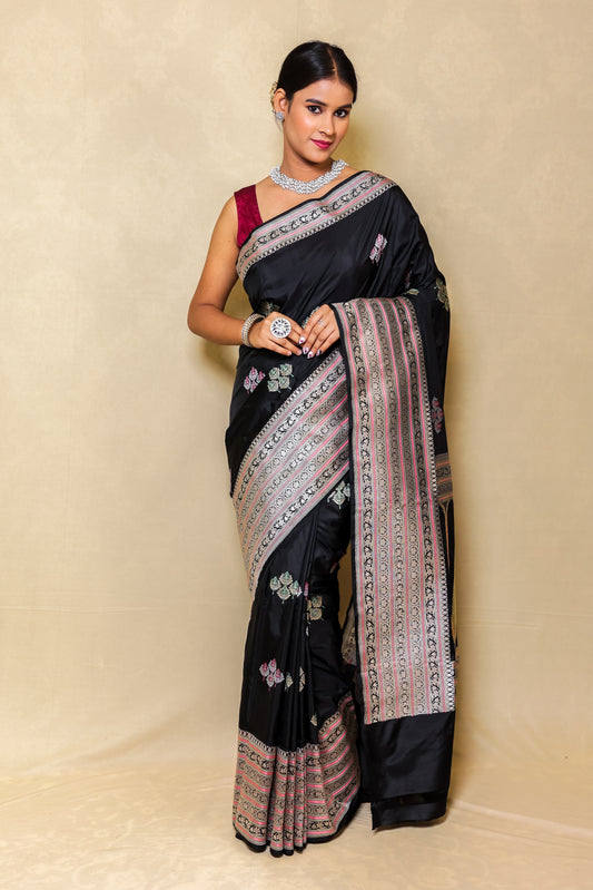 Matte Black Banarasi Cotton Pure Silk Saree