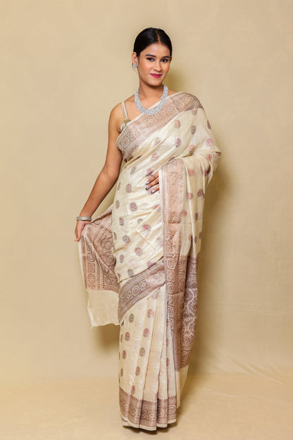 Light Skin Cream Pure Minakari Monga Silk Saree