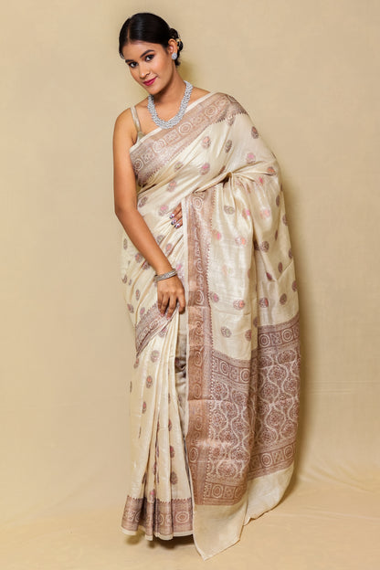 Light Skin Cream Pure Minakari Monga Silk Saree
