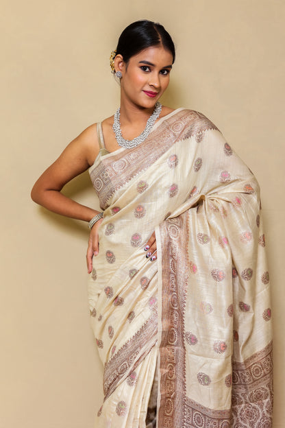 Light Skin Cream Pure Minakari Monga Silk Saree