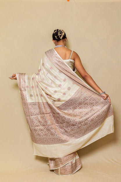 Light Skin Cream Pure Minakari Monga Silk Saree