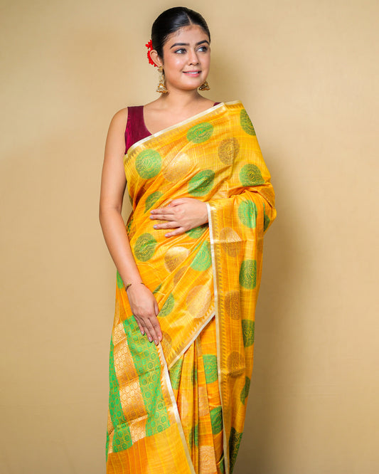 Yellow Banarasi Silk Saree with Green Zari Motifs