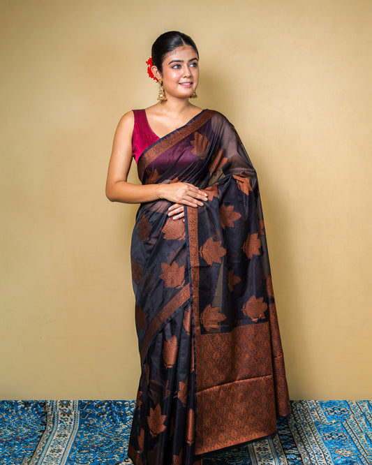 Black Banarasi Silk Saree with Copper Zari Weaving & Blouse Piece