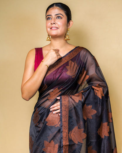 Black Banarasi Silk Saree with Copper Zari Weaving & Blouse Piece
