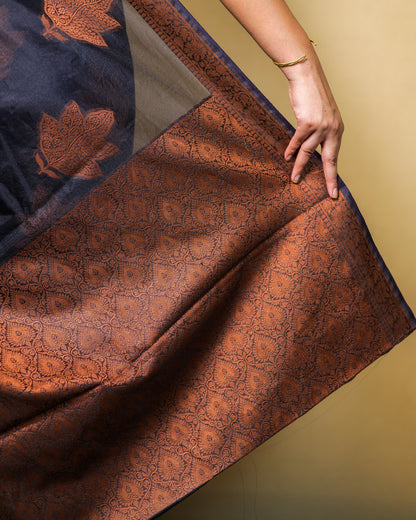 Black Banarasi Silk Saree with Copper Zari Weaving & Blouse Piece