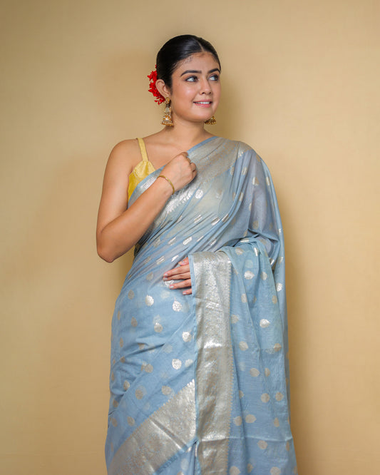 Light Blue Banarasi Saree With Silver Zari Work – Washable