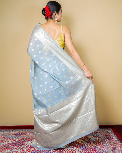 Light Blue Banarasi Saree With Silver Zari Work – Washable