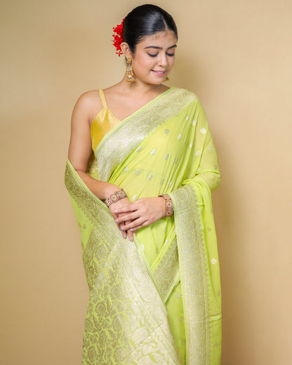 Pure Georgette Banarasi Saree – Lime Green with Silver Zari Work