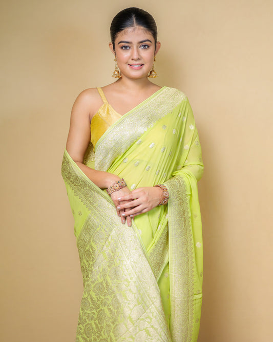 Pure Georgette Banarasi Saree – Lime Green with Silver Zari Work