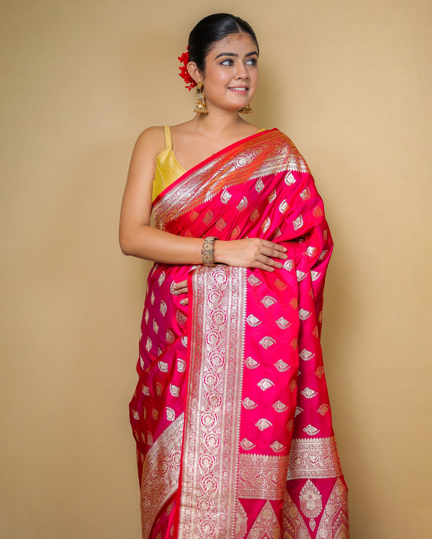 Pure Katan Silk Banarasi Saree – Rani Pink with Golden Zari Weaving
