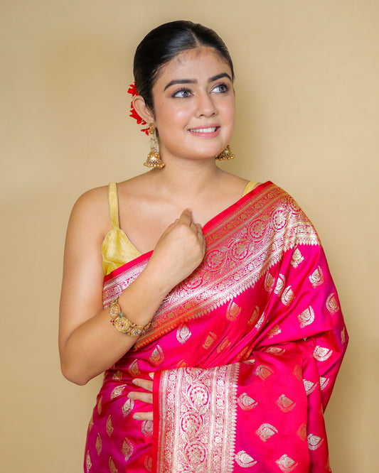 Pure Katan Silk Banarasi Saree – Rani Pink with Golden Zari Weaving