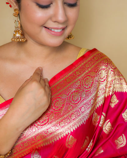 Pure Katan Silk Banarasi Saree – Rani Pink with Golden Zari Weaving