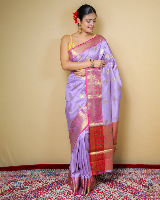 Pure Katan Silk Banarasi Saree – Lavender with Contrast Red Border & Golden Zari