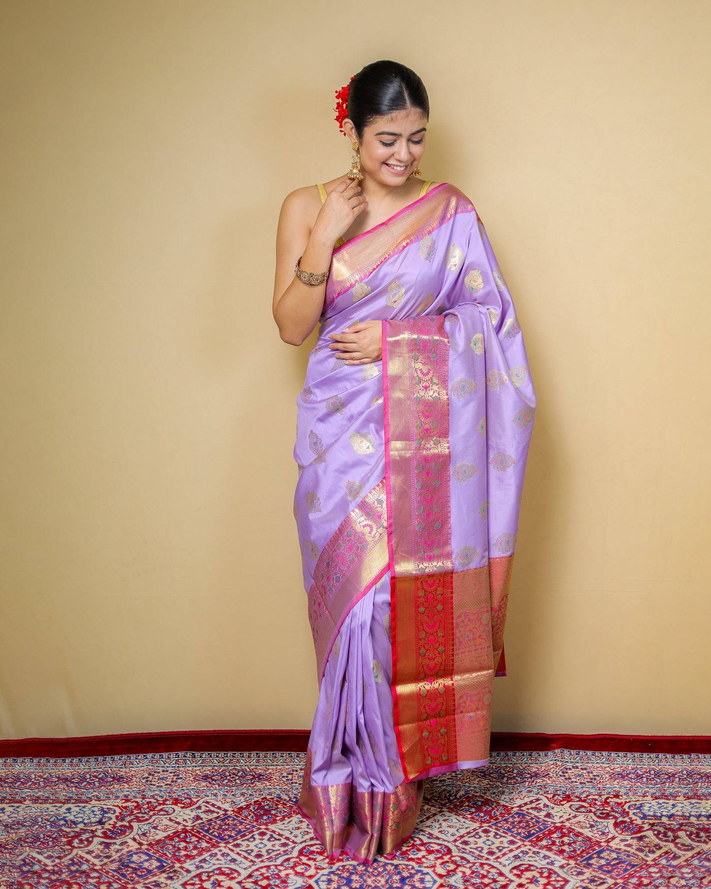 Pure Katan Silk Banarasi Saree – Lavender with Contrast Red Border & Golden Zari