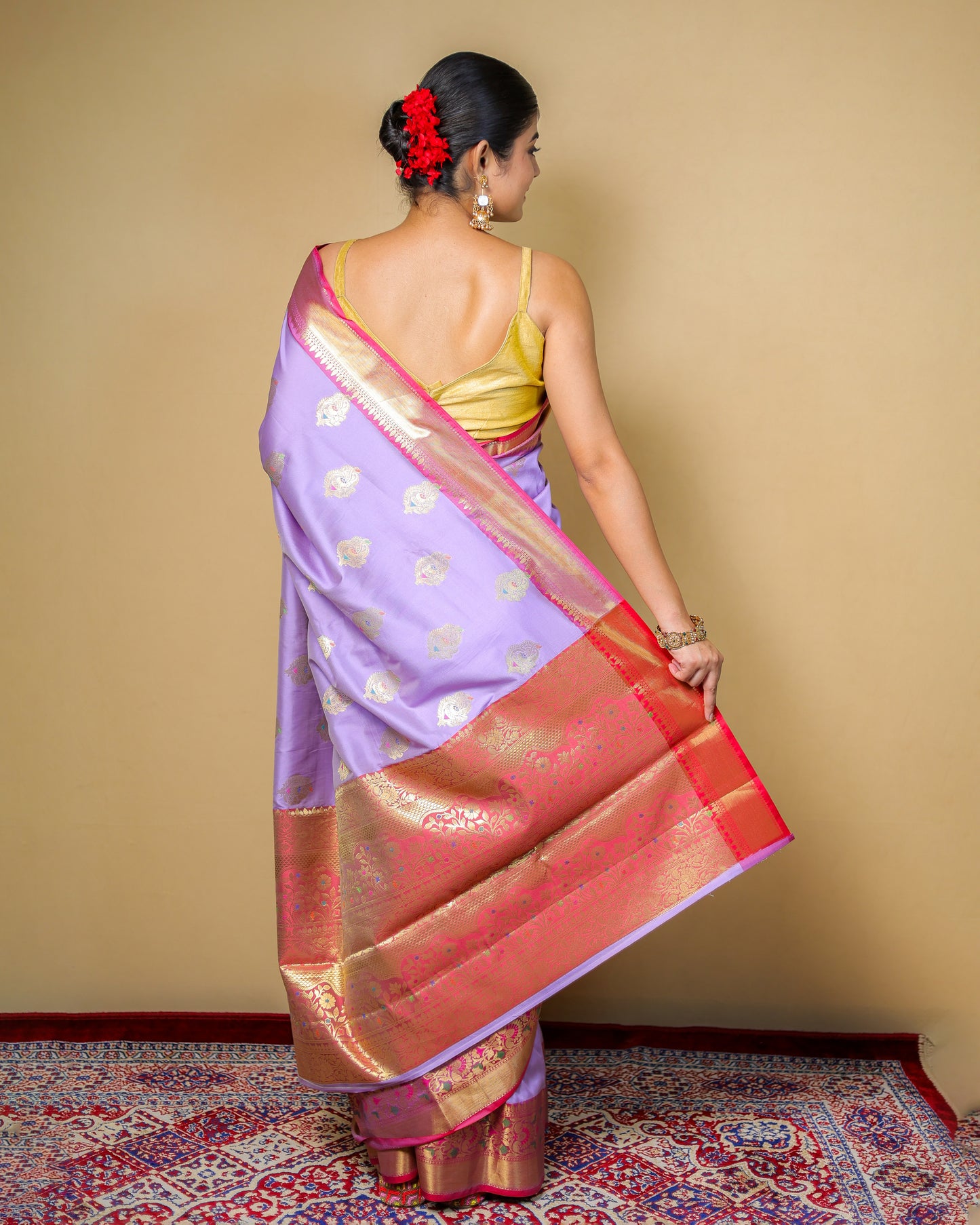 Pure Katan Silk Banarasi Saree – Lavender with Contrast Red Border & Golden Zari