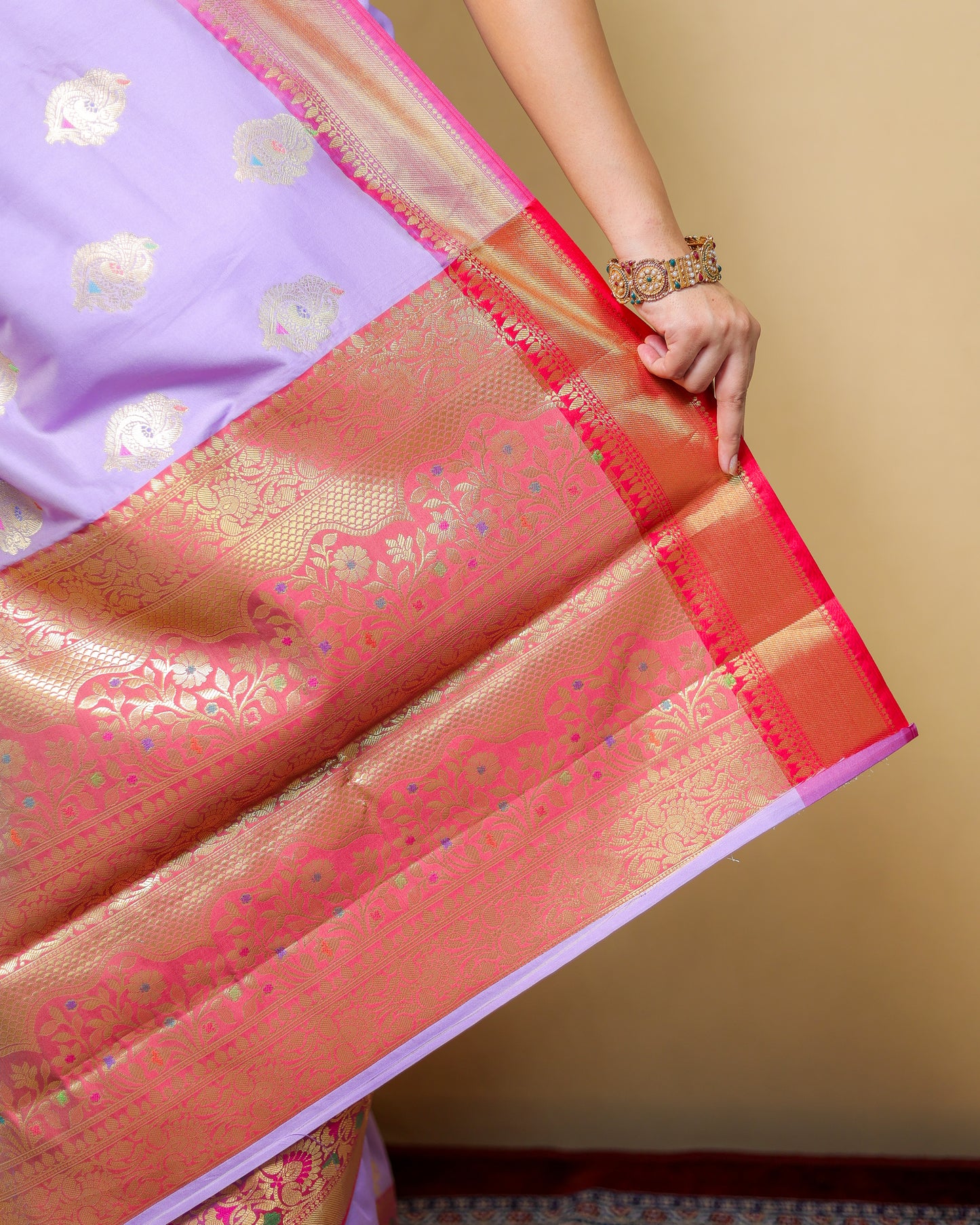 Pure Katan Silk Banarasi Saree – Lavender with Contrast Red Border & Golden Zari