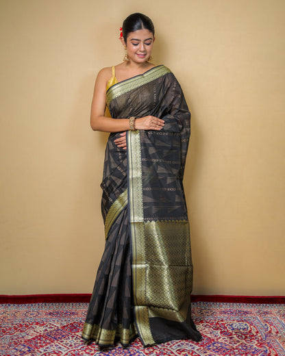 Elegant Black & Gold Woven Silk Saree with Blouse Piece – 6m Saree + 2m Blouse