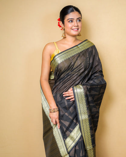 Elegant Black & Gold Woven Silk Saree with Blouse Piece – 6m Saree + 2m Blouse