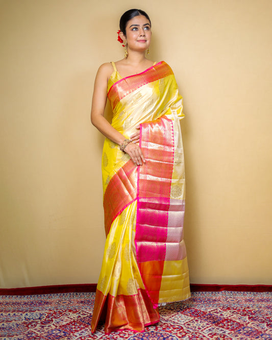 Yellow & Pink Silk Blend Saree with Contrast Zari Border – 6m Saree + 2m Blouse