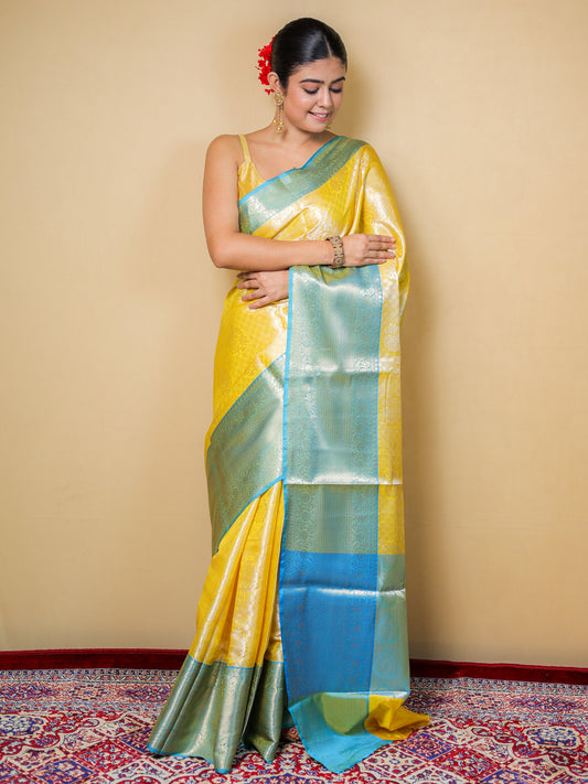 Yellow Blended Silk Handwoven Saree With Woven Zari Designs