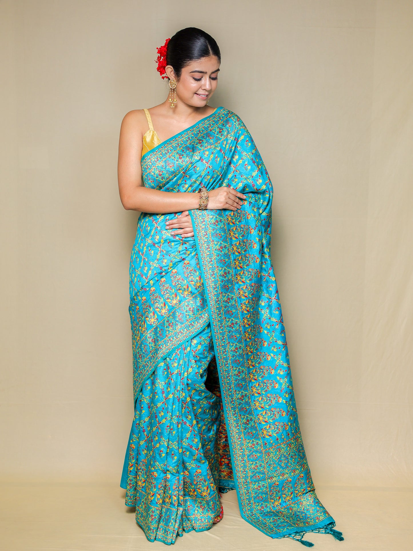 Turquoise Blue Meenakari Silk Saree with Blouse Piece – 6m Saree + 2m Blouse