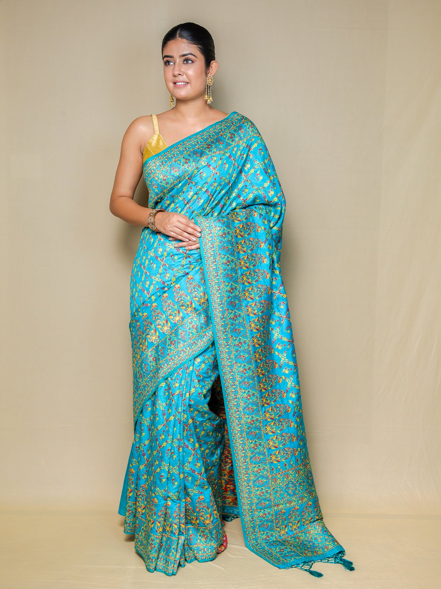 Turquoise Blue Meenakari Silk Saree with Blouse Piece – 6m Saree + 2m Blouse