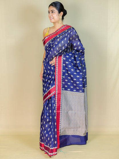 Blue Cotton Saree with Printed Border – Daily Wear Saree with Blouse Piece