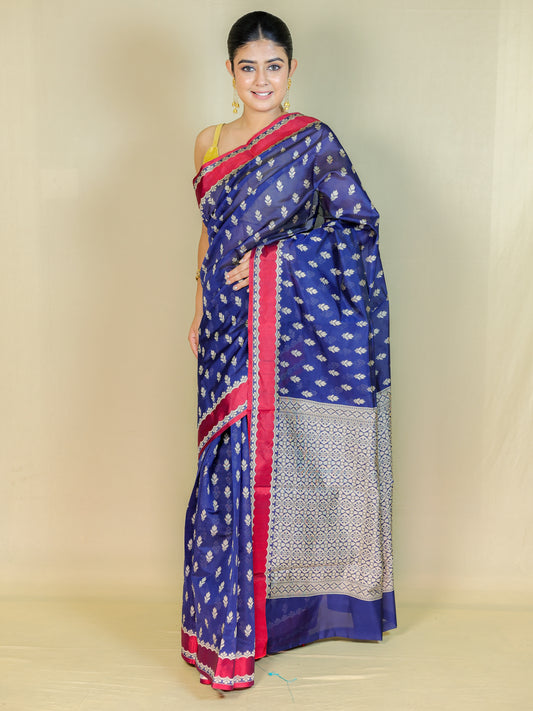 Blue Cotton Saree with Printed Border – Daily Wear Saree with Blouse Piece