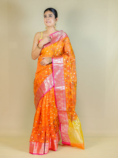 Orange Organza Saree with Pink Zari Border – Lightweight Party Wear Saree