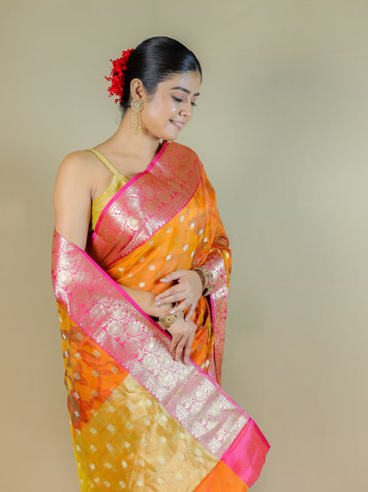 Orange Organza Saree with Pink Zari Border – Lightweight Party Wear Saree