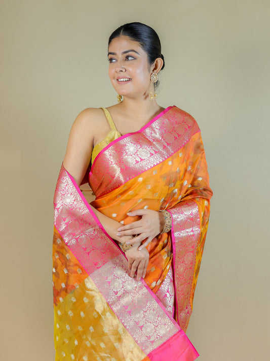 Orange Organza Saree with Pink Zari Border – Lightweight Party Wear Saree