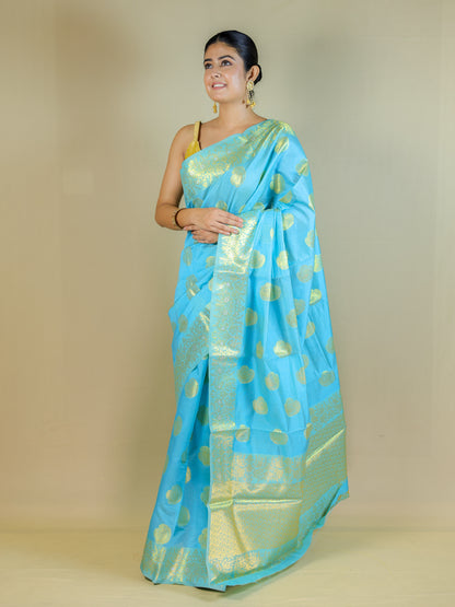 Sky Blue Silk Blend Saree with Golden Zari Motifs – Festive & Party Wear